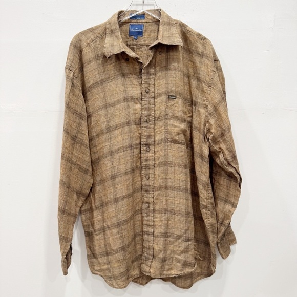 Faconnable Linen Long Sleeve Button Down Shirt Plaid Tan XXL Lagenlook - Picture 1 of 6